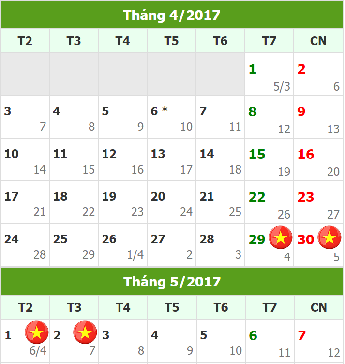 Lịch nghỉ 30/4 & 01/5/2017 với cán bộ, công chức, người lao động